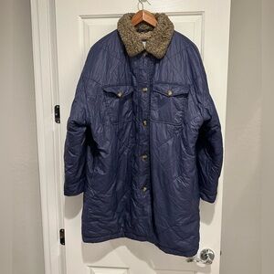 Aerie Women's Quilted Puffer Sherpa Collar and Lined Longline Coat, Navy XL